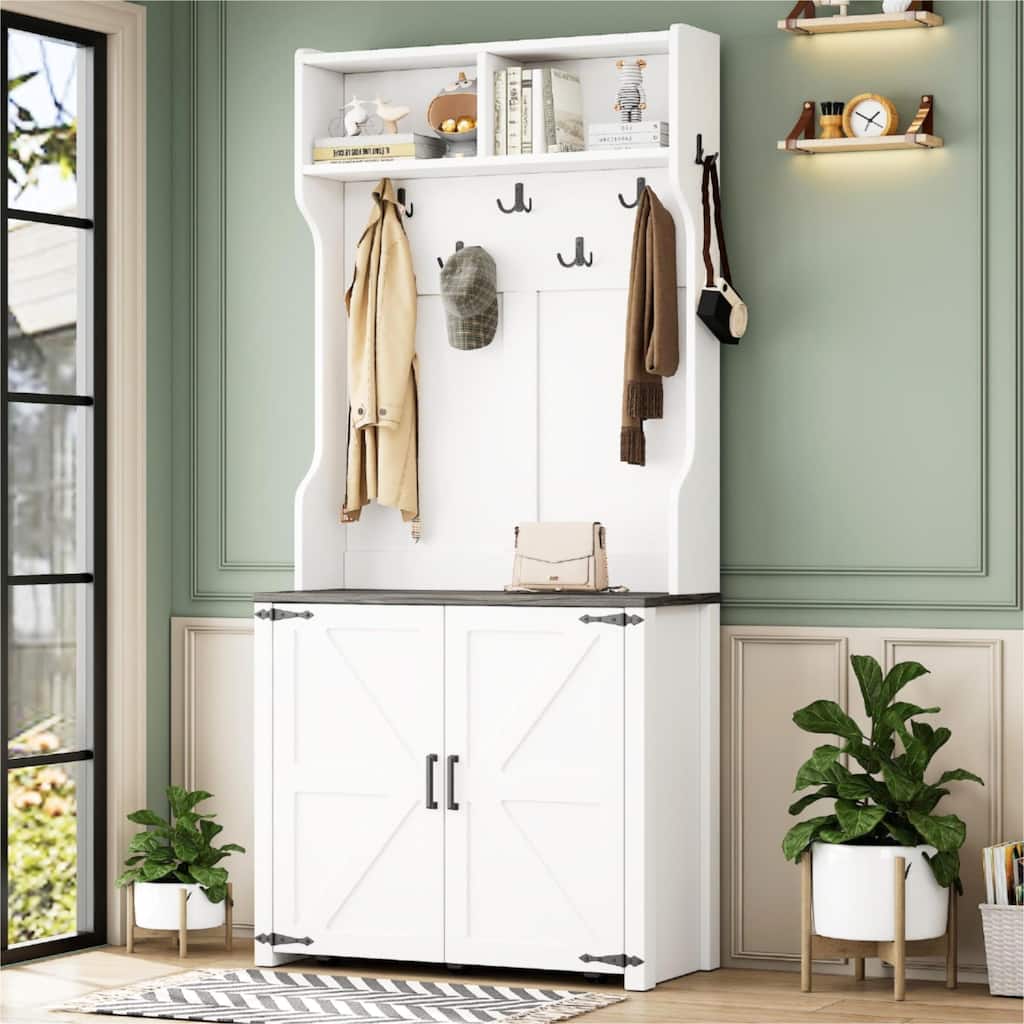 Modern 4-in-1 Storage Cabinet with 7 Hooks and Shoe Storage, 76.9" Tall Coat Rack, Suitable for Bedroom, Hallway, Living Room