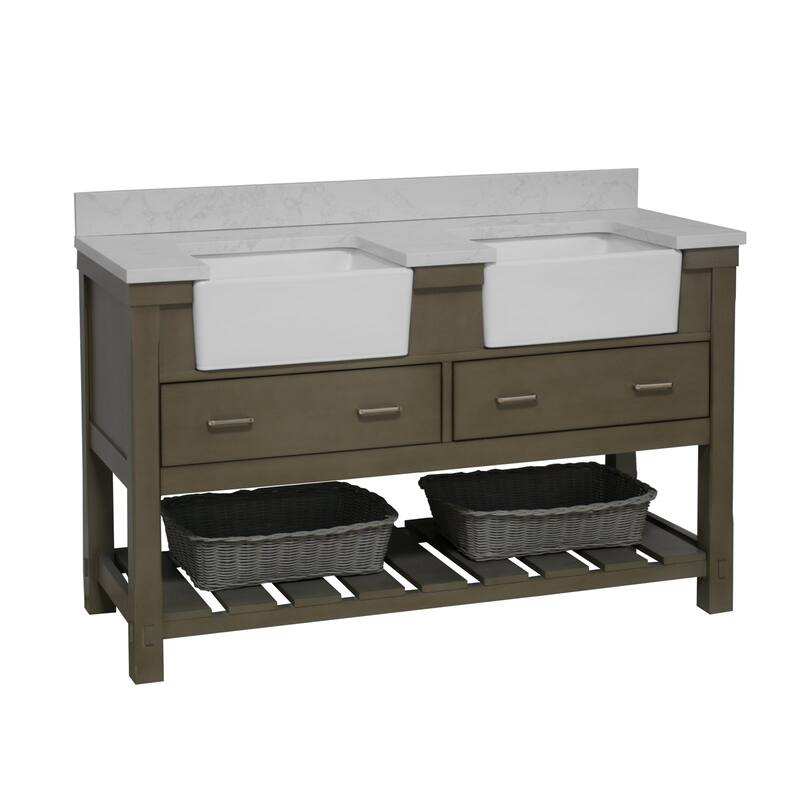KitchenBathCollection Charlotte 60" Double Farmhouse Bathroom Vanity with Engineered Carrara Top - Weathered Gray