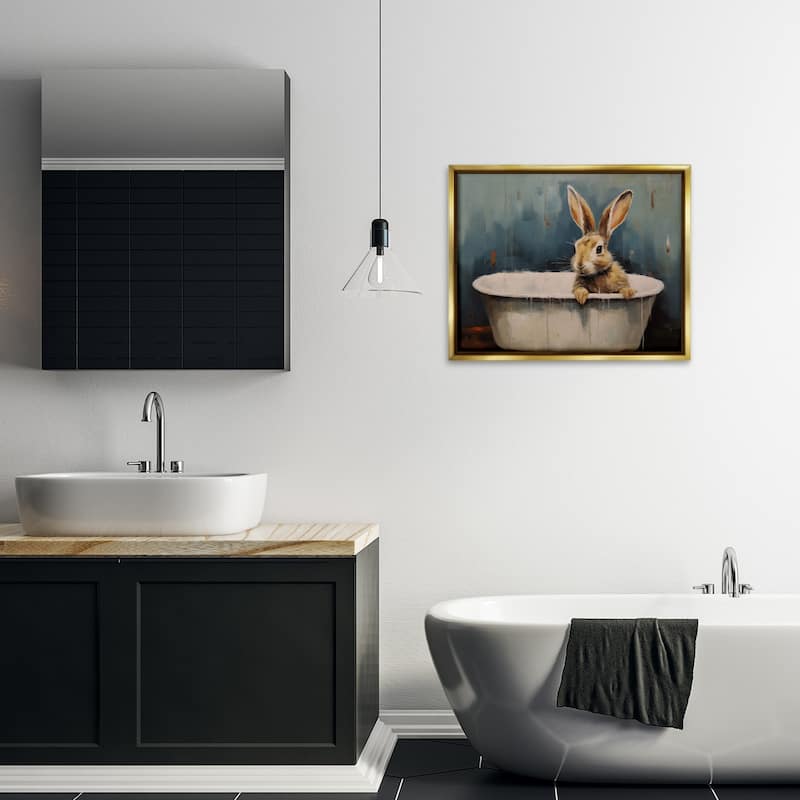 Stupell Baby Bunny in Tub Framed Floater Canvas Wall Art Design By Arlington Prints