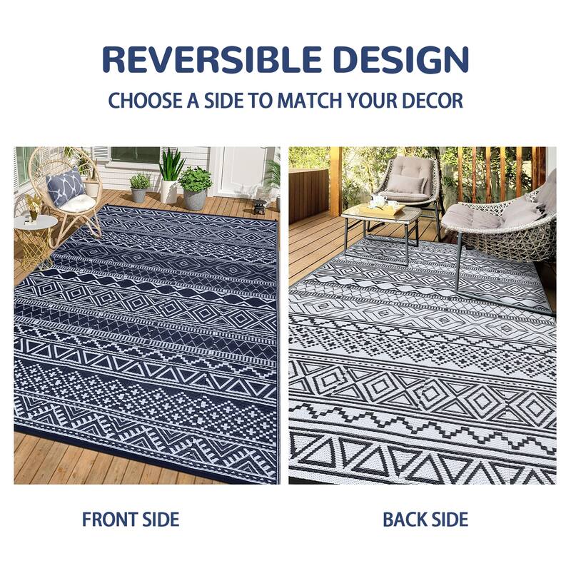 Outdoor Rug Waterproof Patio Rug Mat Geometric Rug Plastic Straw Outside Rug for RV Camping Picnic Reversible Rug