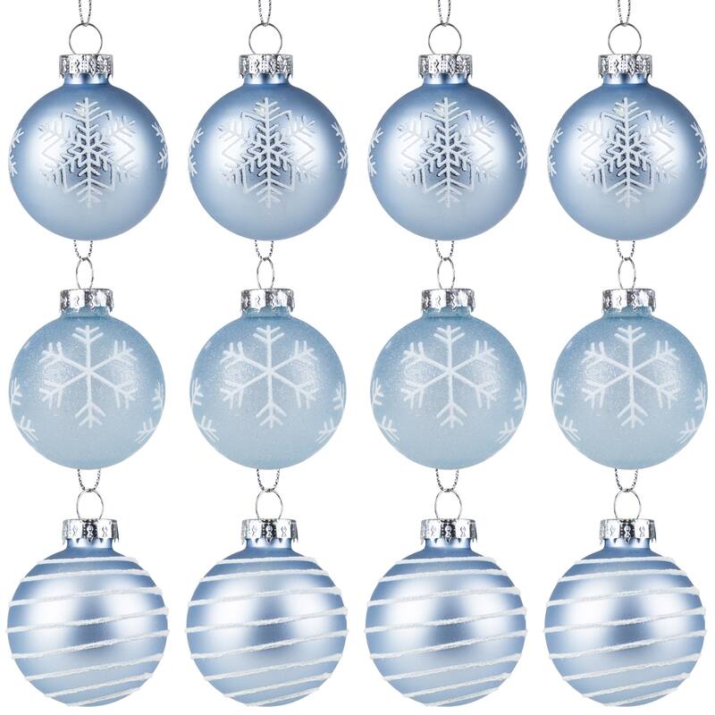 12ct Light Blue Glitter Textured Glass Christmas Ball Ornaments 1.75"