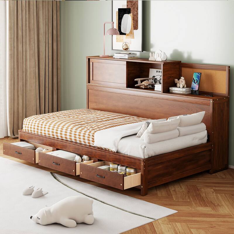 Twin Size Wooden Daybed with Storage Drawers, USB Ports, and Shelf, Walnut Finish - Walnut