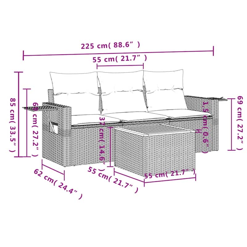 vidaXL Patio Sofa Set with Cushions Outdoor Furniture 4 Piece Poly Rattan - 21.7 x 21.7 x 14.6
