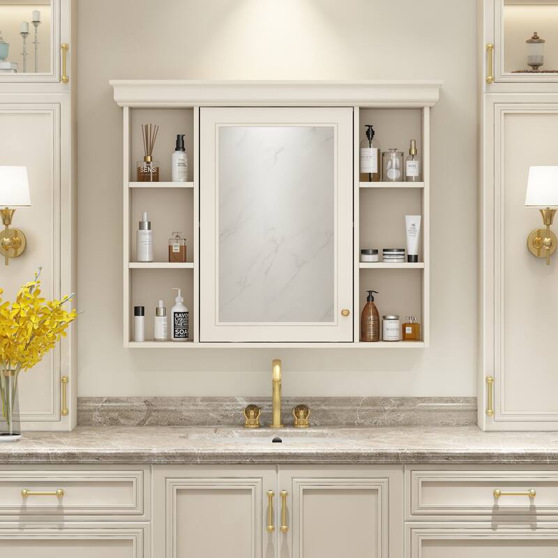 Modern Bathroom Wall Cabinet with Mirror,Medicine Cabinet with 6 Open Shelves - Beige+Cream