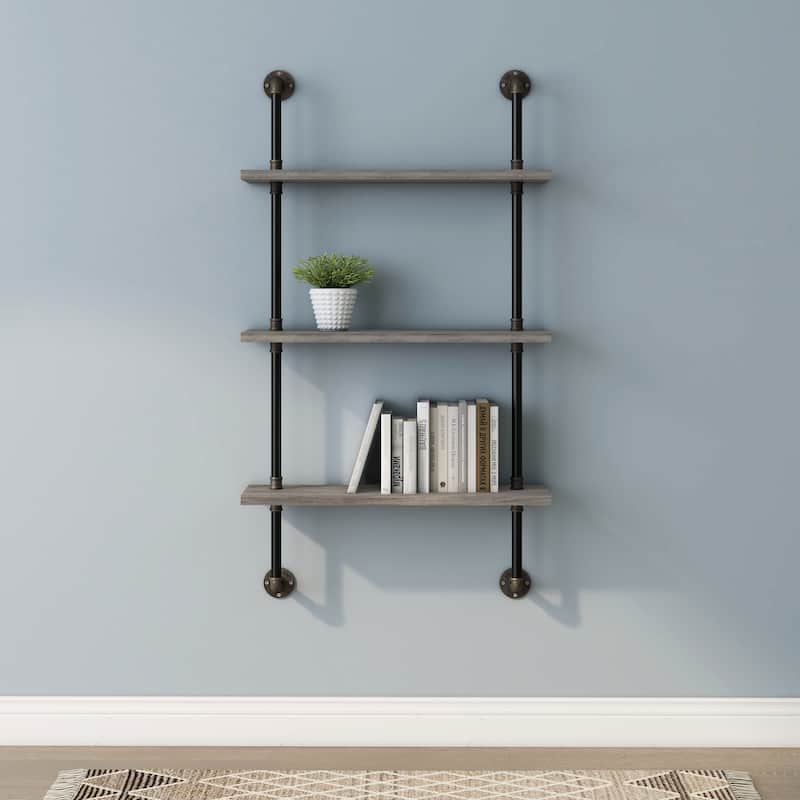 DH BASIC Industrial Vintage Grey 32-Inch Metal 2-Tier Wall Shelf by Denhour - Large