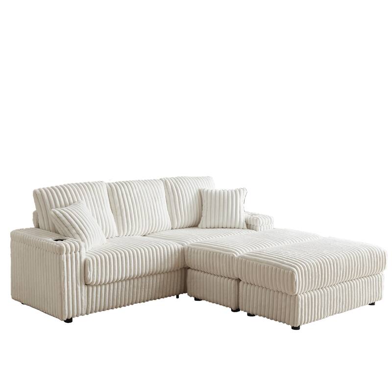 Deep Seat Sectional Loveseat Set with 2 Ottoman and 2 Pillows, Corduroy Chaise Lounge Bed with 2 Storage Spaces and Cupholding