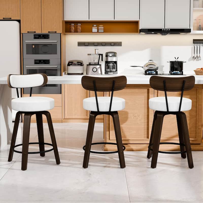 XINMICS 26 Inches Swivel Counter Height Bar Stools with Faux Leather Upholstered Pad Wood Back, Set of 2/3/4 - Set of 3 - White - Counter Height