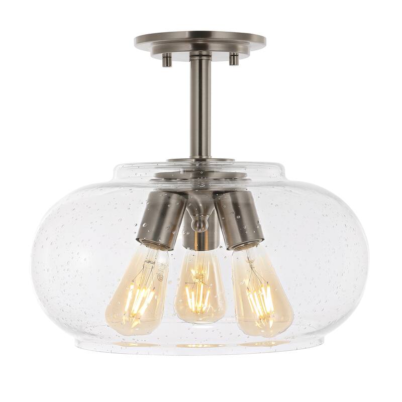 Marlowe 13.75" 3-Light Modern Industrial Iron/Seeded Glass LED Semi Flush Mount, Nickel/Clear by JONATHAN Y