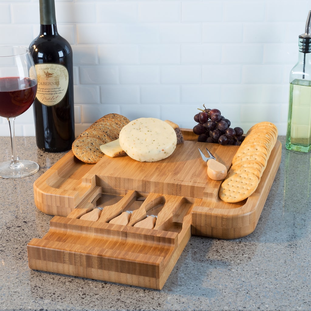 Bamboo Cheese Serving Tray - Eco-Friendly Charcuterie Board with 4-Piece Stainless-Steel Cutlery Set by Classic Cuisine (Tan)