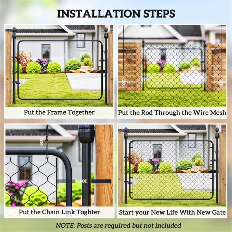 26"-47.2" Wide Galvanized Steel Adjustable Black Garden Gate Fence with Latch and Hinges - 26"-47.2" W x 70.9" H
