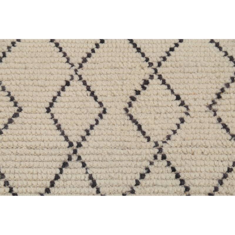 Ivory Trellis Moroccan Modern Runner Rug Handmade Wool Carpet - 2'5"x 12'7"