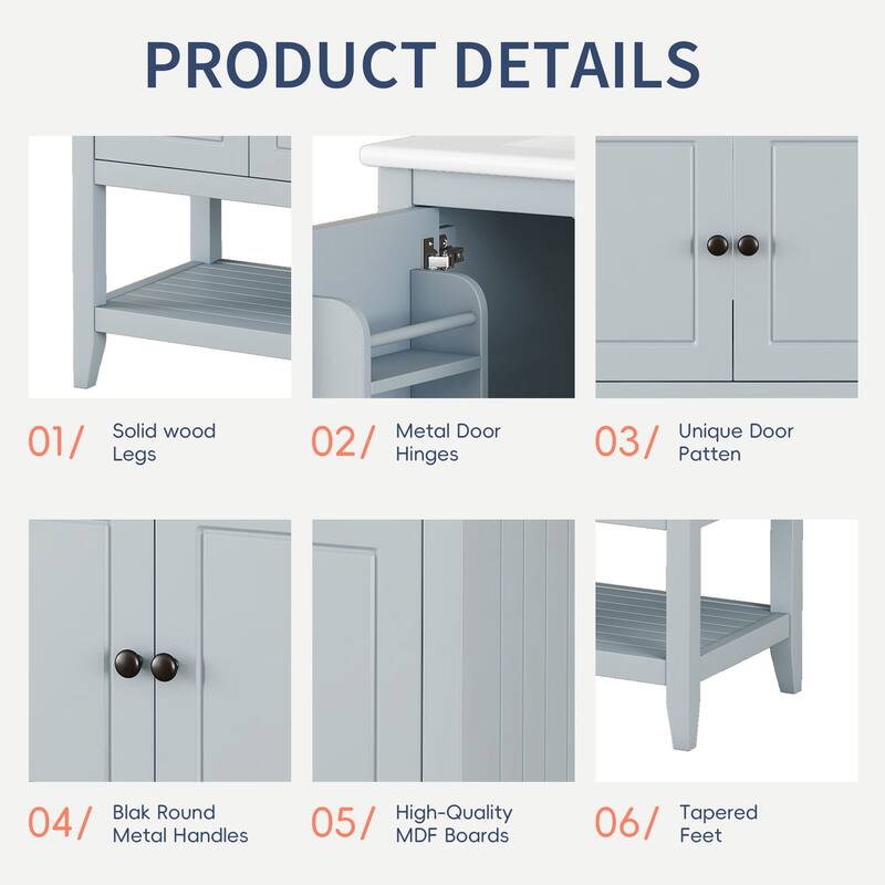 30" Freestanding Bathroom Vanity with Semilune Ceramic Sink, Solid Wood Frame & Open Shelf Design