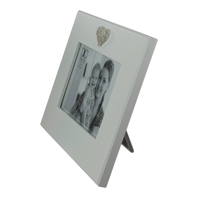 Glass and Wood Picture Frame with Faux Diamond Heart - for a 4" x 6" Photo - White - 4-inchx6-inch