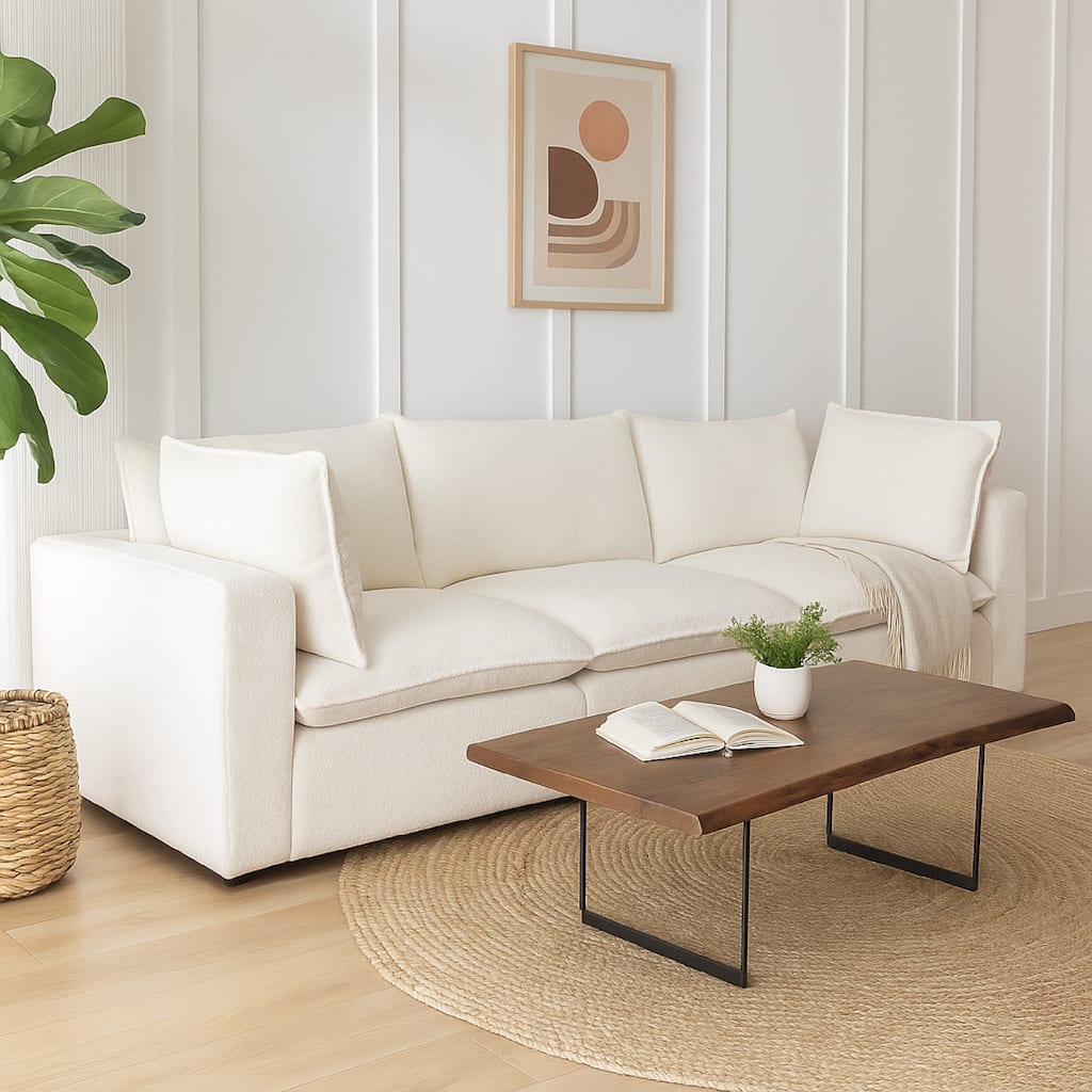 Agg 3pc Modular Sofa, Ivory Faux Shearing Fabric, 2 Accent Pillows