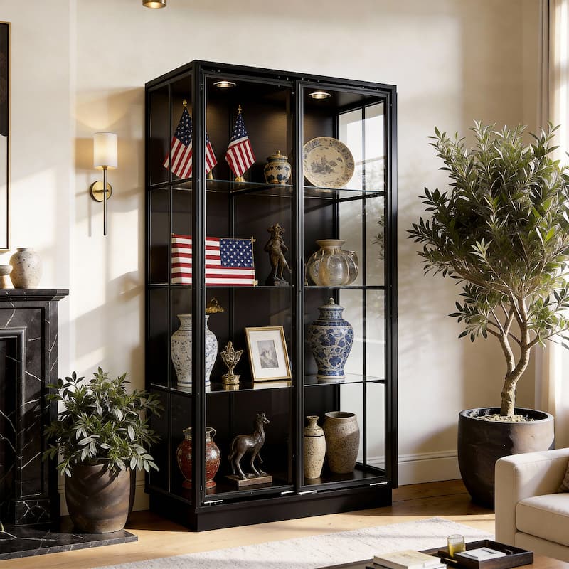 Modern Black Display Cabinet with Glass Doors, 75” Tall Curio Cabinet with Tempered Glass Shelves Bookshelves LED Light