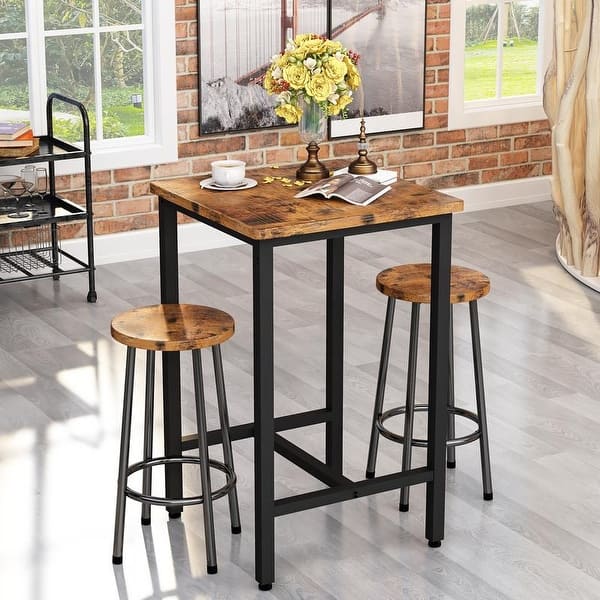 slide 2 of 8, 3 Piece Dining Table Set, Modern Square Bar Table and 2 Round Stools, Kitchen Counter Height Table Set Rustic Brown