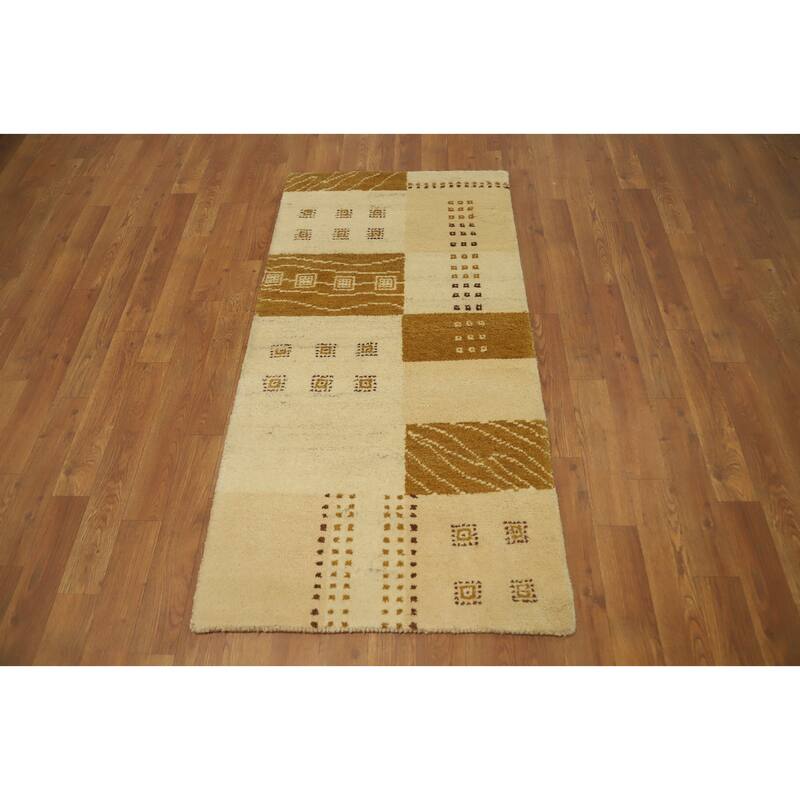 Hand Knotted Oriental 100% Wool Carpet Modern Geometric Beige & Ivories Gabbeh Area Rug - 4' 5'' X 2' 3''