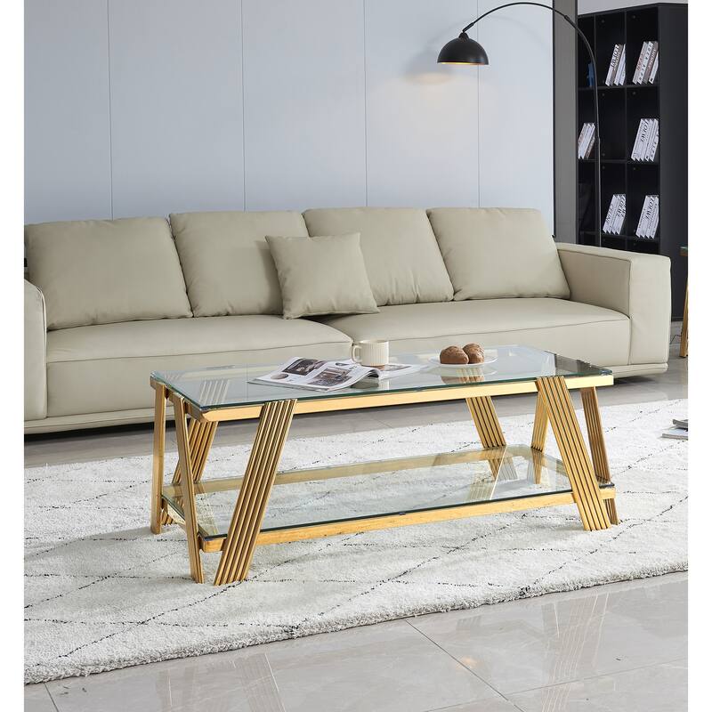 Modern Stainless Steel Coffee Table 2 Tier Tempered Glass Coffee Table with Storage Space, for Living Room, Silver
