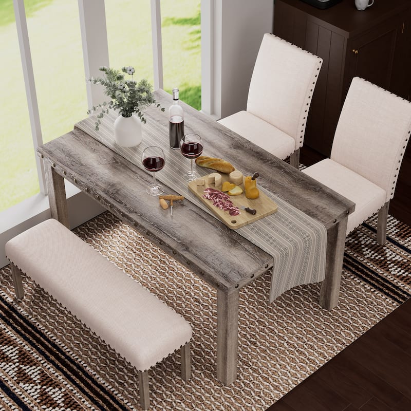 Morden Fort Rustic Farmhouse Rectangular Dining Set, Living Room Bench Set of 4