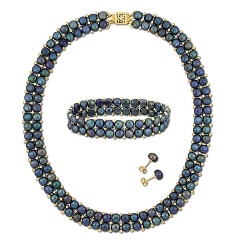 Miadora Black Cultured Freshwater Pearl Bead Double Row Strand Jewelry Set Yellow Silver