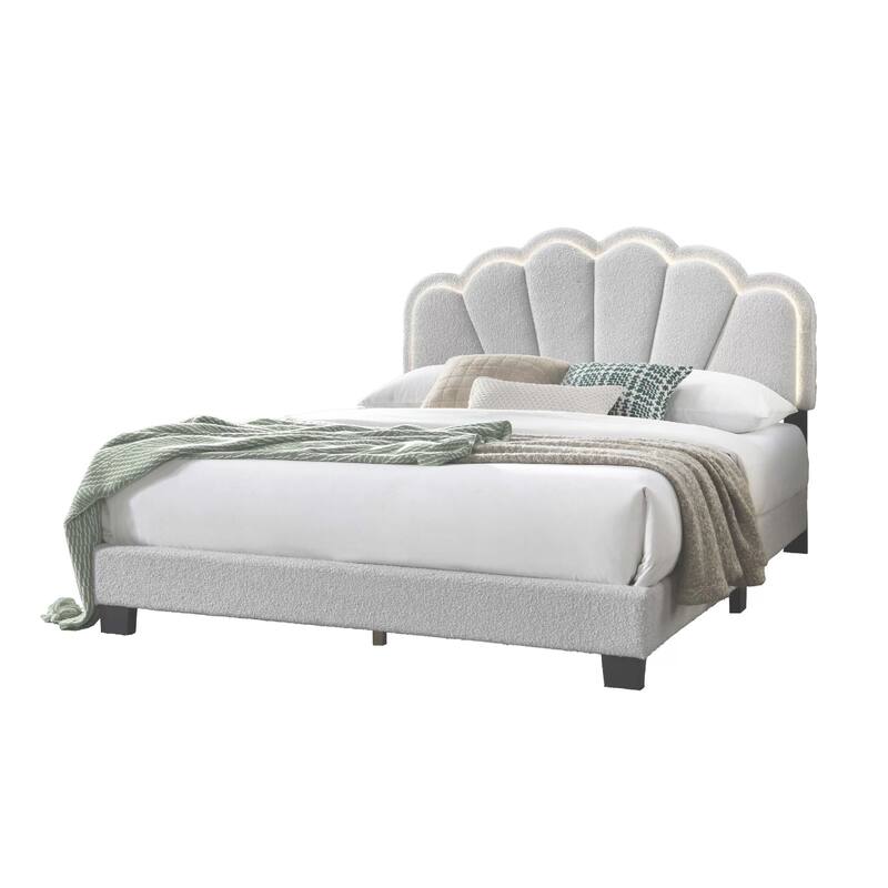 Madsy Full Bed, White Upholstered Fan-Shaped Headboard, Metallic Accents