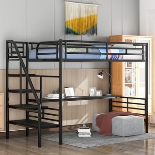 Metal Twin Size Multifunctional Design Loft Bed Frame with Desk, No Box Spring Needed,Safety for Kids, Easy Assembly, Black