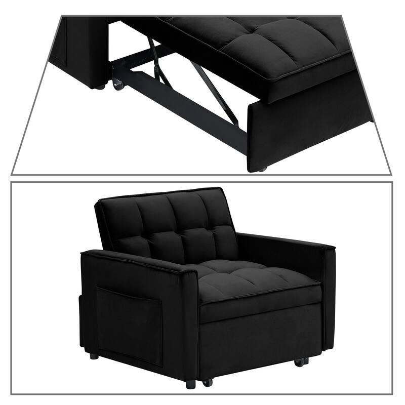 Classic Velvet Upholstered Convertible Futon Chair with Side Storage Pockets