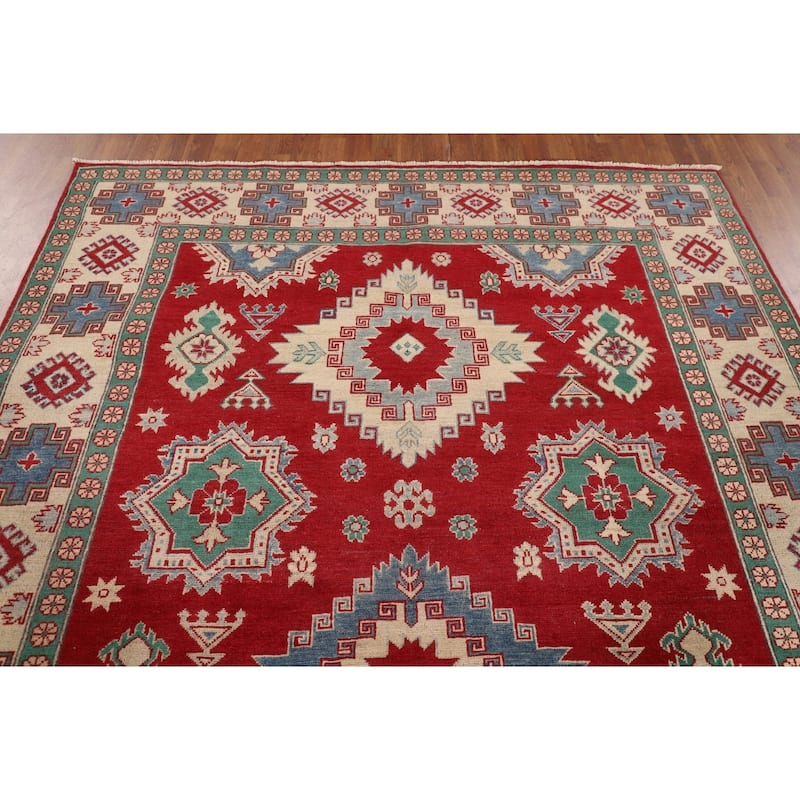 Geometric Red Kazak Oriental Area Rug Handmade Living Room Wool Carpet - 6'8" x 9'11"