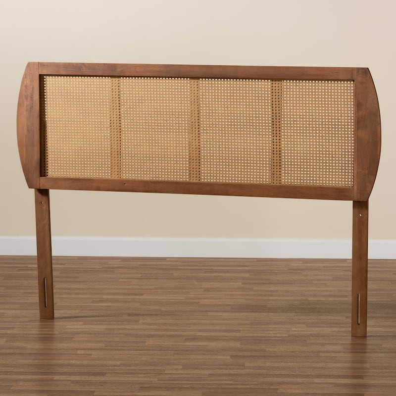 Mid-Century Modern Ash Walnut Wood and Synthetic Rattan Queen Size Headboard with Coastal Boho Detailing