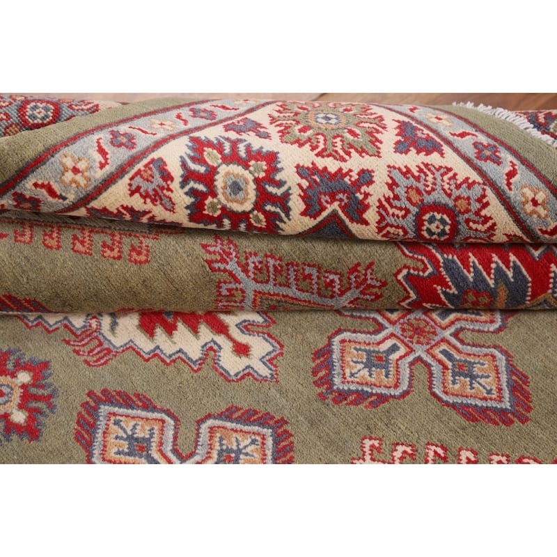 Green Kazak Area Rug Handmade Oriental Wool Carpet - 4'10" x 6'3"