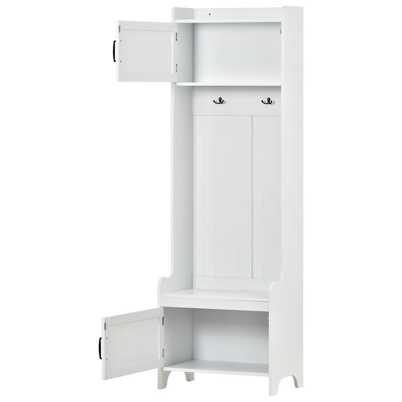 Roomfitters Modern Mudroom Hall Tree with Bench, 4-in-1 Coat Rack with 7 Black Hooks and Large Storage Compartment, White