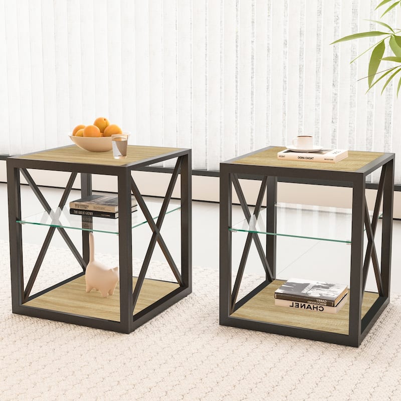 Set of 2 Modern End Table Nightstand, Tempered Glass&Rustic Wood Grain MDF, Industrial Style Side Table