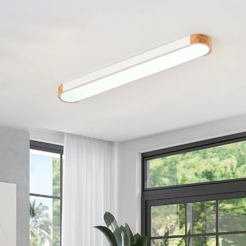 Modern Wood Grain Linear Flush Mount Ceiling Light Matte White LED Fixture for Bedroom Living Room Kitchen - N/A