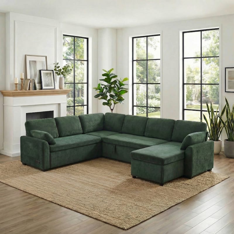 111.2" U-shaped Sofa with Reversible Chaise and Convertible Sofa Bed - Green