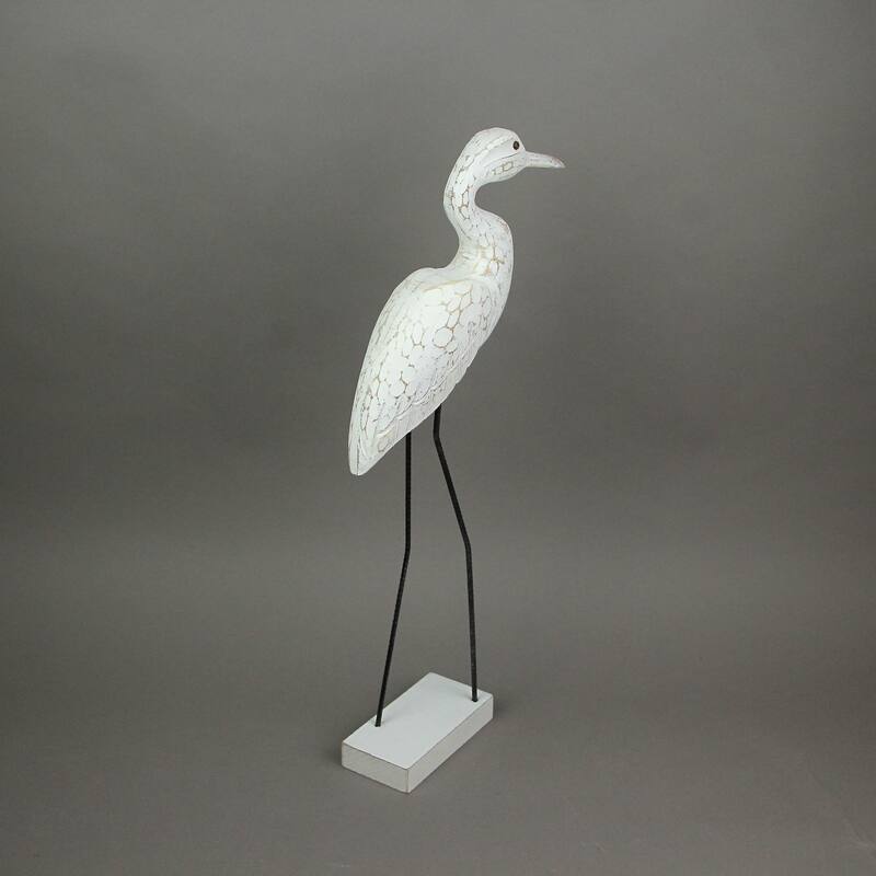 Carved Wood And Metal White Egret Bird Statue 21 Inches High - 21.25 X 9.25 X 2.75 inches