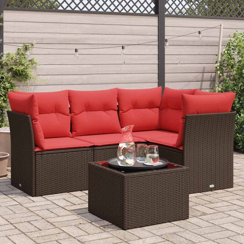 vidaXL 4/5 Piece Patio Sofa Set with Cushions Brown/Gray Poly Rattan - 24.4 x 24.4 x 27.2 - Brown and red With table
