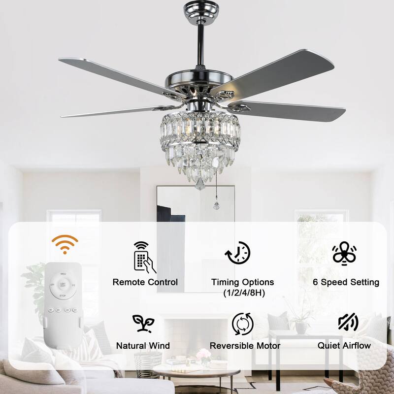 Bella Depot 65" Crystal Ceiling Fan with Light Kit and Remote Control,6-Speed Reversible Ceiling Fan