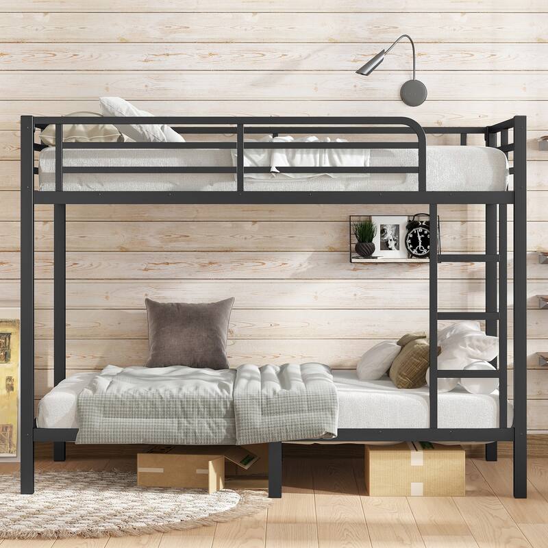 Roomfitters Metal Twin/Full Bunk Bed Frame with Ladder & Safety Rail, Heavy-Duty Space-Saving Design, Black