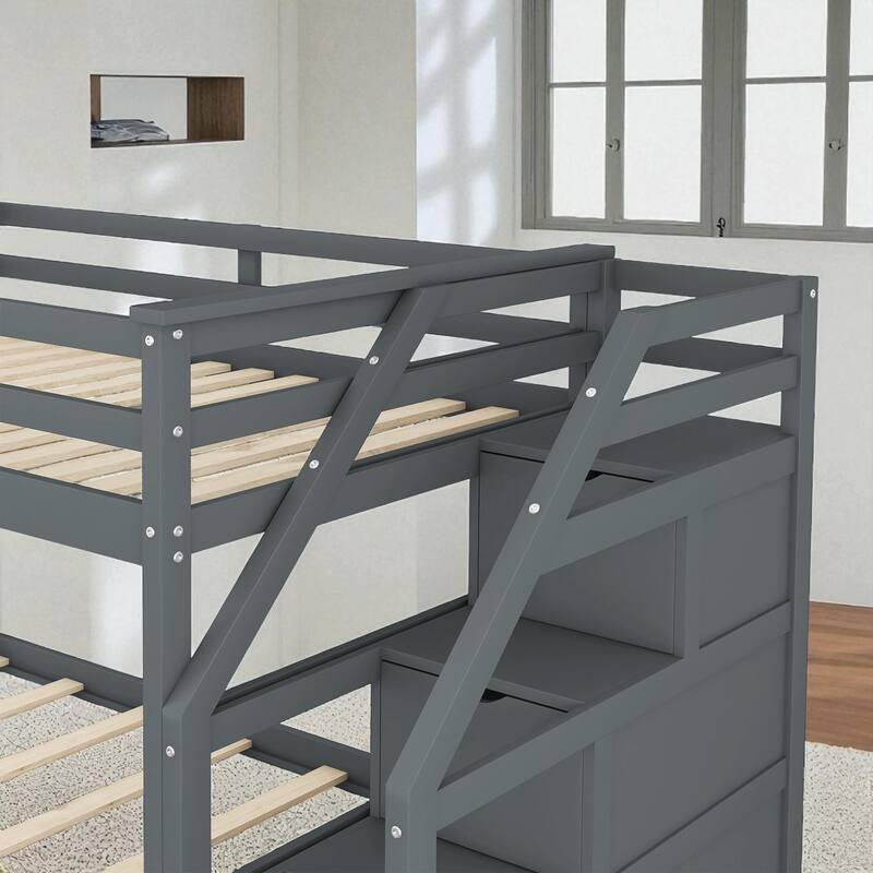 Twin Over Twin Bunk Bed with Trundle and 3 Storage Stairs, Solid Wood Frame, No Box Spring Required
