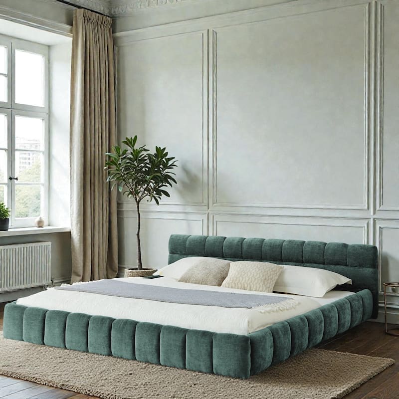 King Upholstered Platform Bed Frame with Thick Chenille Fabric, Grounded Modern Bed with Headboard, No Box Spring Needed