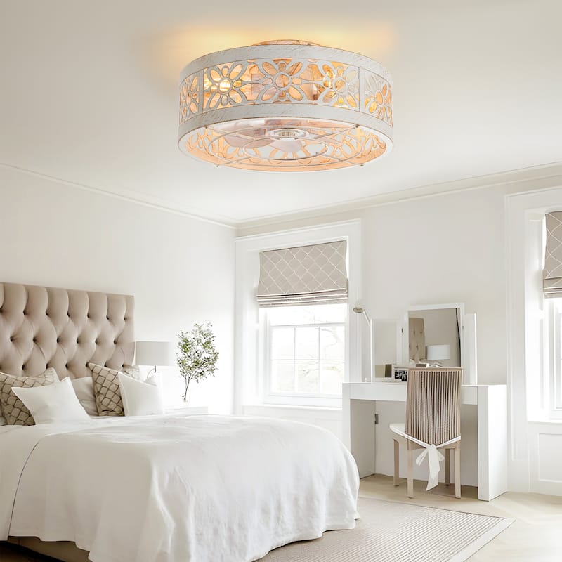 16.5in Vintage Distressed White Flush Mount Caged Ceiling Fan with Remote Light(7-Blade)