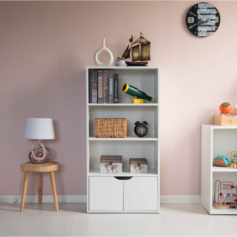 47" White 3 Tier Open Book Shelf with 2 Doors & 1 Adjustable Shelf - Ideal for Home Office, Living Room, Classroom, Study Room