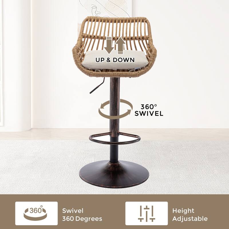 360° Swivel Bar Stools Set of 2, Adjustable Counter Height Chairs with Footrest, Rattan Bar Chairs with Cushions