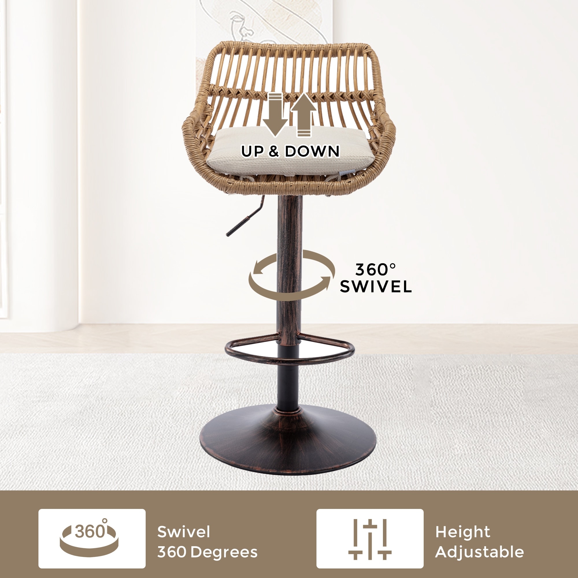 Modern Swivel Bar Stools Set of 2 Adjustable Counter Height Chairs with Footrest for Kitchen, Dining Room