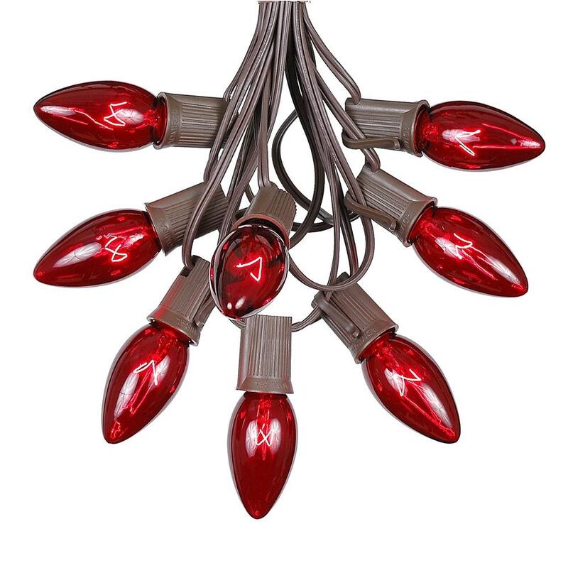 25 Foot C9 Christmas Light Set, Hanging Patio String Lights, Brown Wire - Red