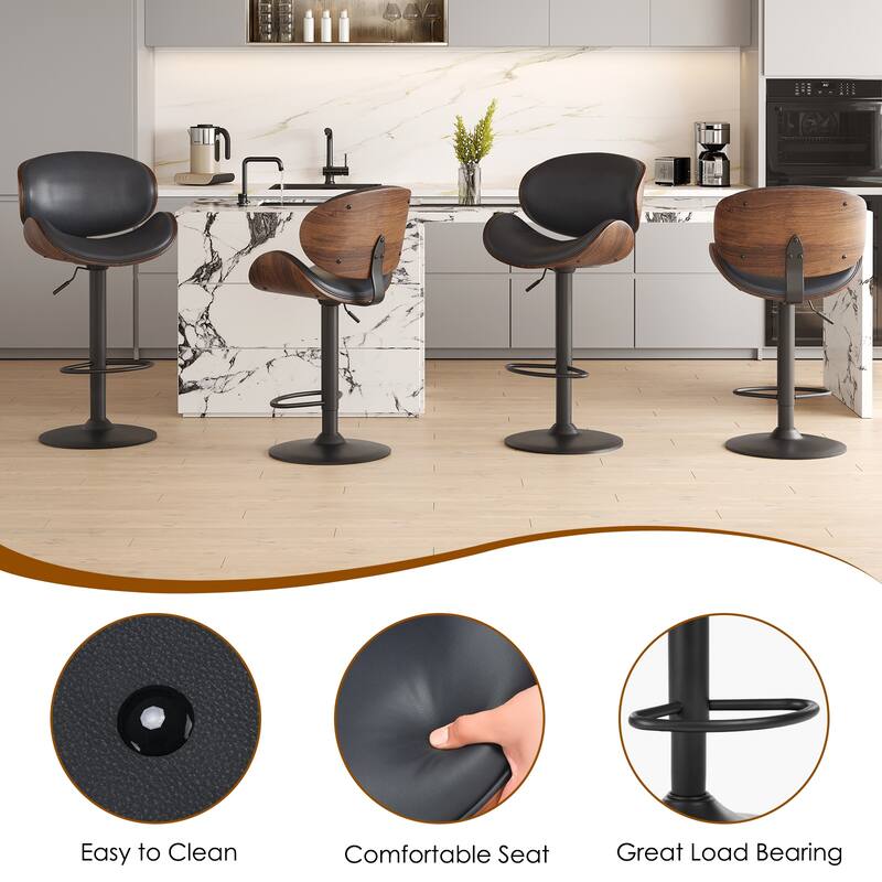 Swivel Bar Stools Set of 2 Adjustable Height Bentwood Barstools with PU Leather Upholstered Seat