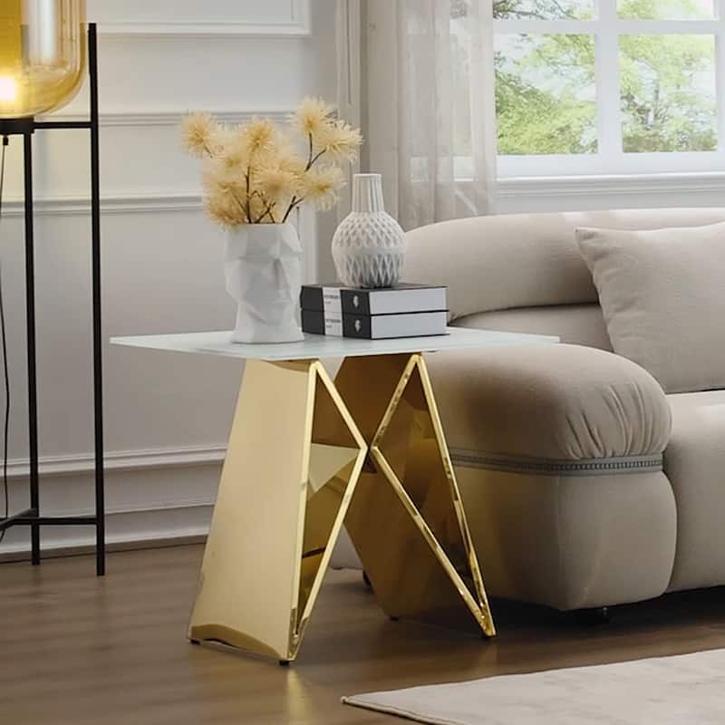 24 inch White Tempered Glass End Table with Mirrored M-Shaped Base