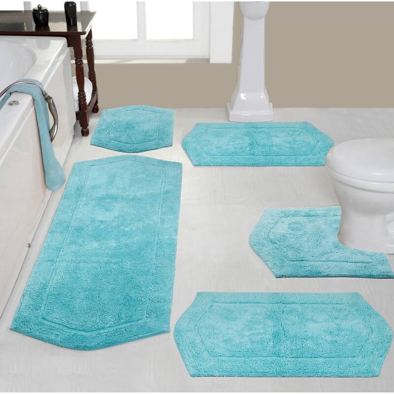 Waterford Collection 100% Cotton Non-Slip Bathroom Rug Set, Machine Washable Bath Rug, 5 Piece Bath Mat Set with Contour - Turquoise