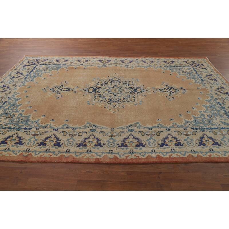 Orange Kerman Vintage Persian Area Rug Hand-Knotted Wool Carpet - 7'0" x 9'10"