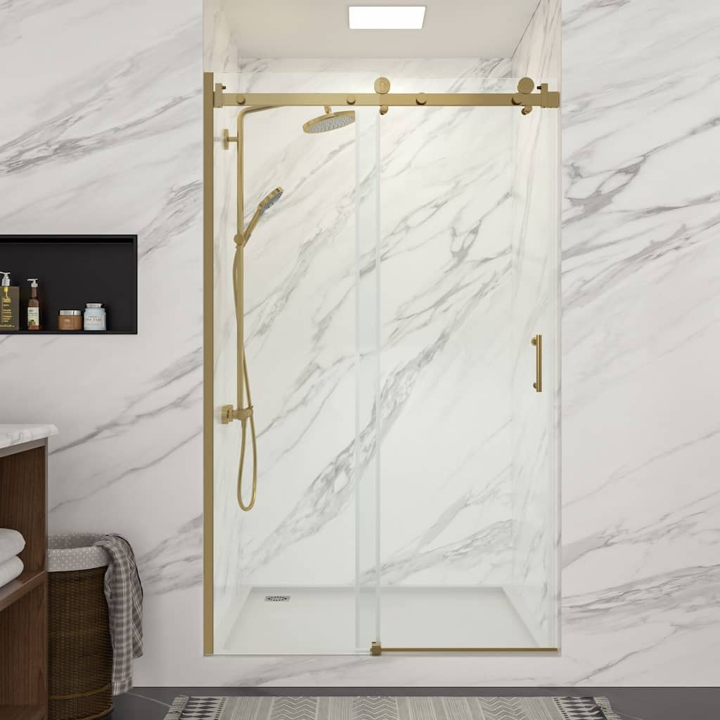 Lordear 48" x 76" Glass Shower Door Aluminum Semi-Frameless Adjustable Golden Shower Enclosure - 48 in.W x 76 in H